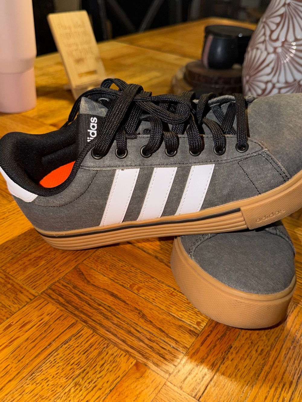 adidas Gray Canvas Low-Top Sneakers with White Stripes and Gum Sole